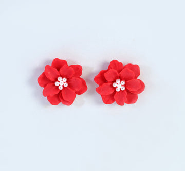 Red Flower Pearl Earrings, Bridal Jewelry, Bridal Stud Earrings, Bridal Earrings, Statement Earrings, Bridesmaid Earring.